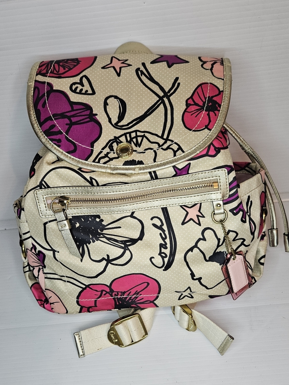 COACH Kyra Floral Poppy Print Backpack Pink White Purple Gold Tone Bag - Picture 3 of 16